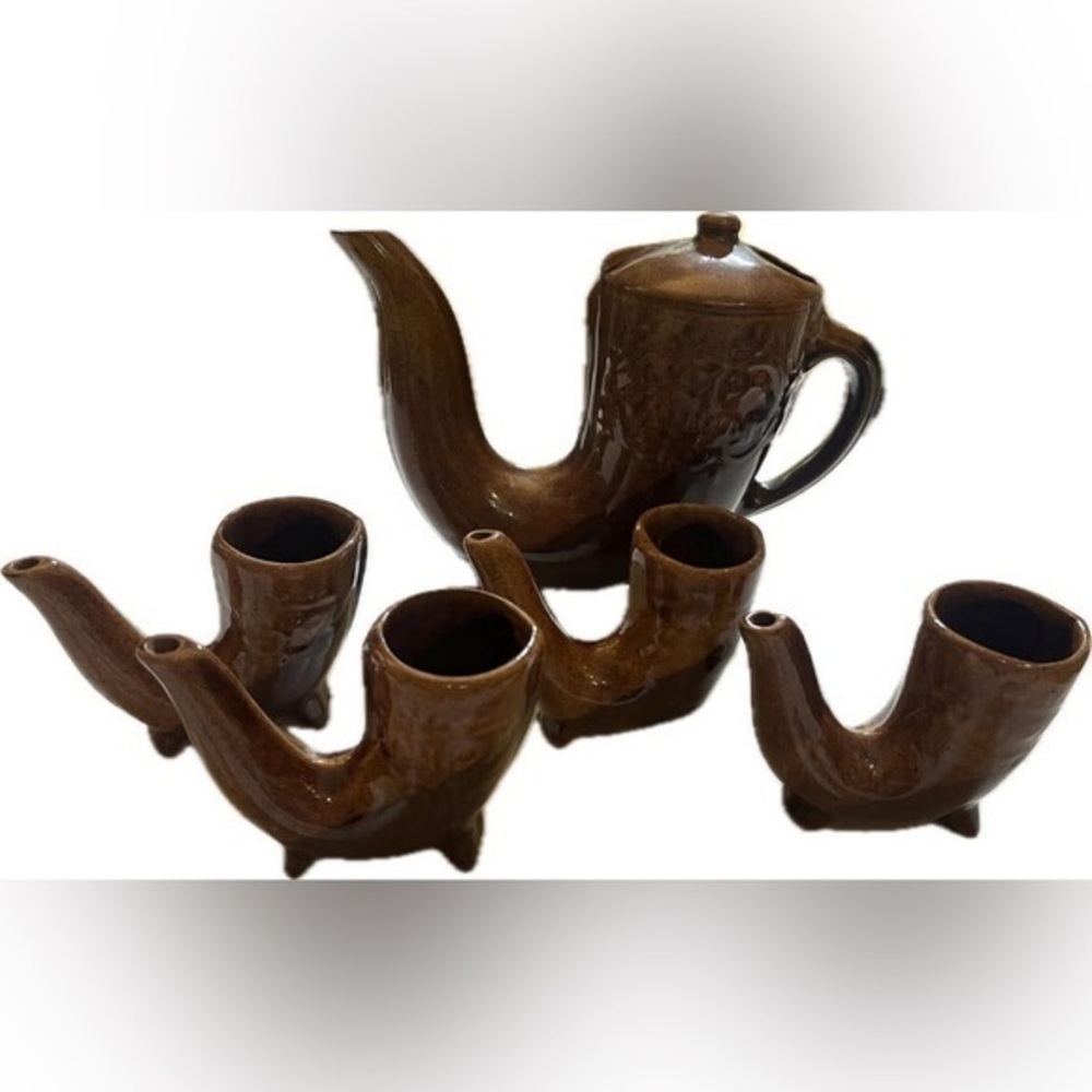 Bulgarian pottery horn decanter with glasses set